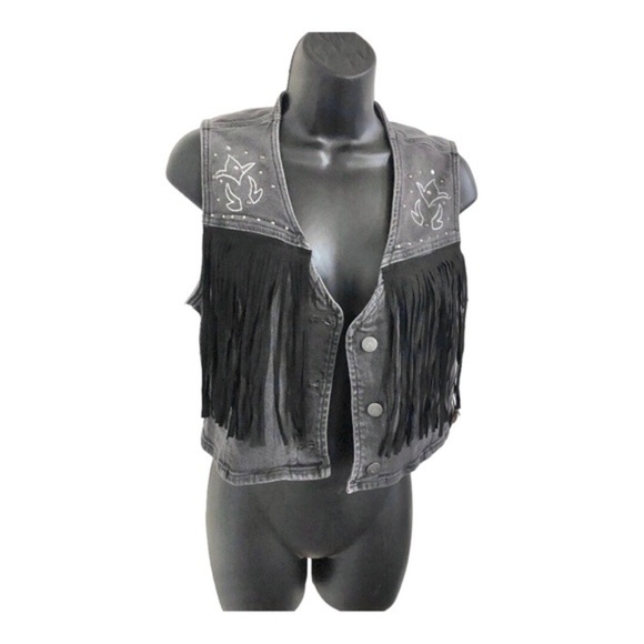 Austin Landing black denim suede fringe studded embellished jean vest size M new - Picture 1 of 13